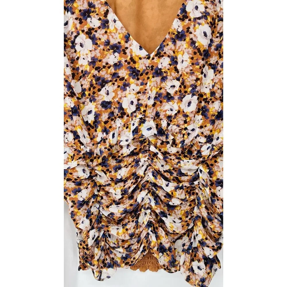 ASTR The Label Womens Floral Cottage Ruched Blouse Sz L Puff Sleeve Dainty